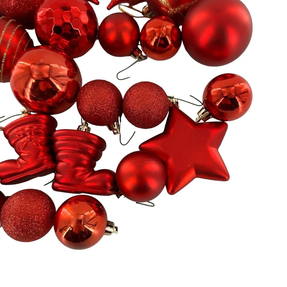 Lot 25 Christmas Ornaments Frosted Bells Striped‎ Tie-on Foil Vintage Red Retro